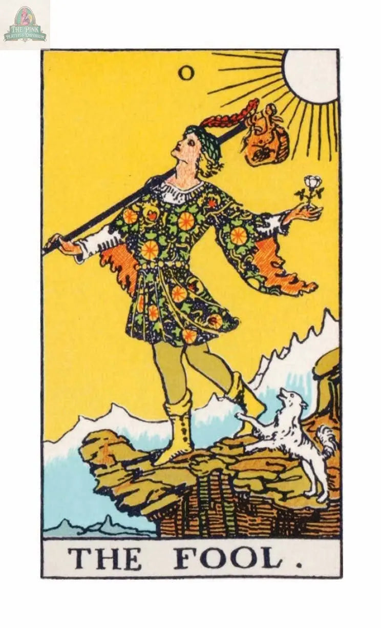 The Time Changer's Tarot by REDFeather features The Fool card, depicting a colorfully dressed figure on a cliff with a white flower, a bag on a stick, a small dog beside them, and the sun overhead.
