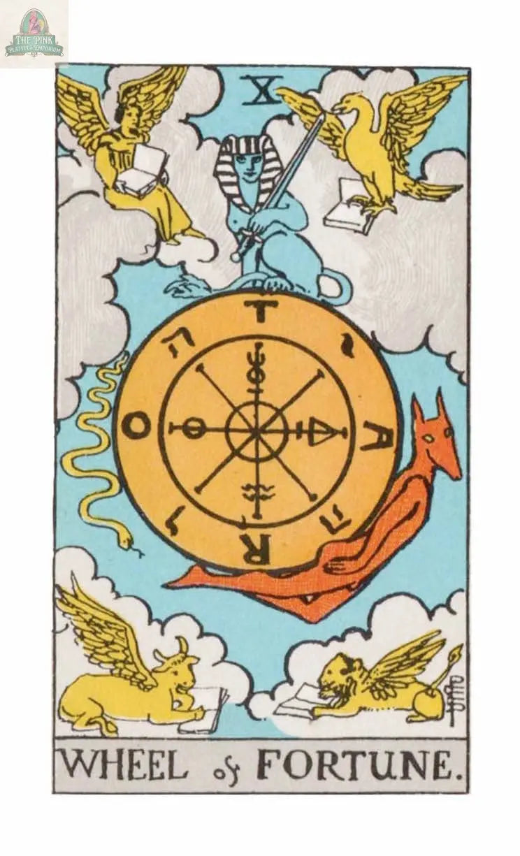 Illustration from REDFeather's The Time Changer's Tarot: the Wheel of Fortune shows a large symbol-marked wheel, a sphinx on top, and four winged beings with open books in each corner beneath a cloudy sky.
