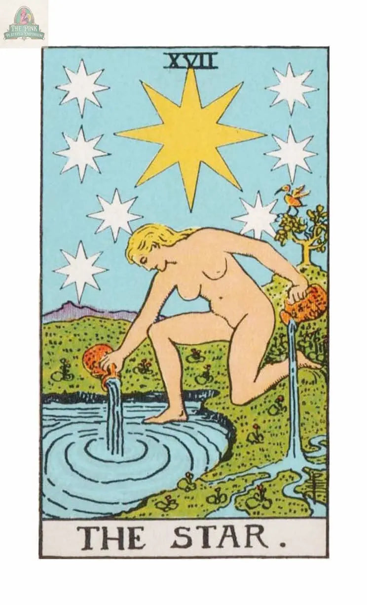 The Time Changer’s Tarot by REDFeather features The Star card, depicting a nude woman kneeling by a pool, pouring water from two jugs with one foot in water and one on land under seven white stars and a large yellow star.
