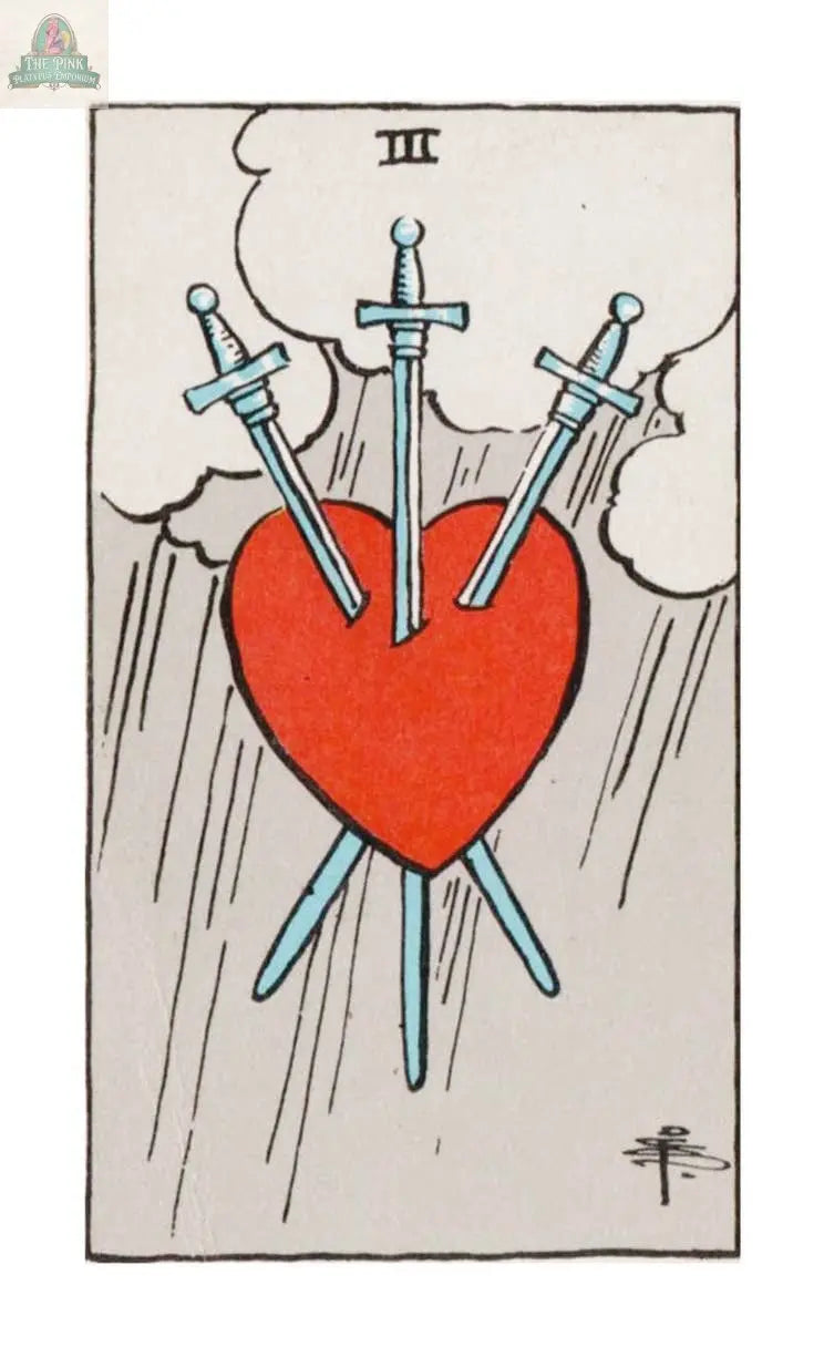 A red heart pierced by three swords appears against a gray, rainy sky with clouds—this evocative image is the Three of Swords from The Time Changer's Tarot by REDFeather.