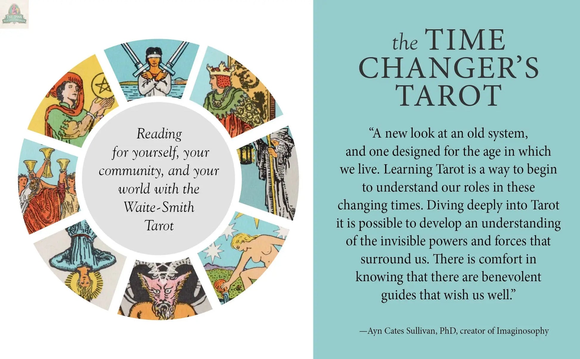 A circular wheel displays Waite-Smith Tarot images with the quote: Reading for yourself, your community, and your world with The Time Changer's Tarot by REDFeather. Next to it is a guidebook excerpt on learning tarot from The Time Changer's Tarot.