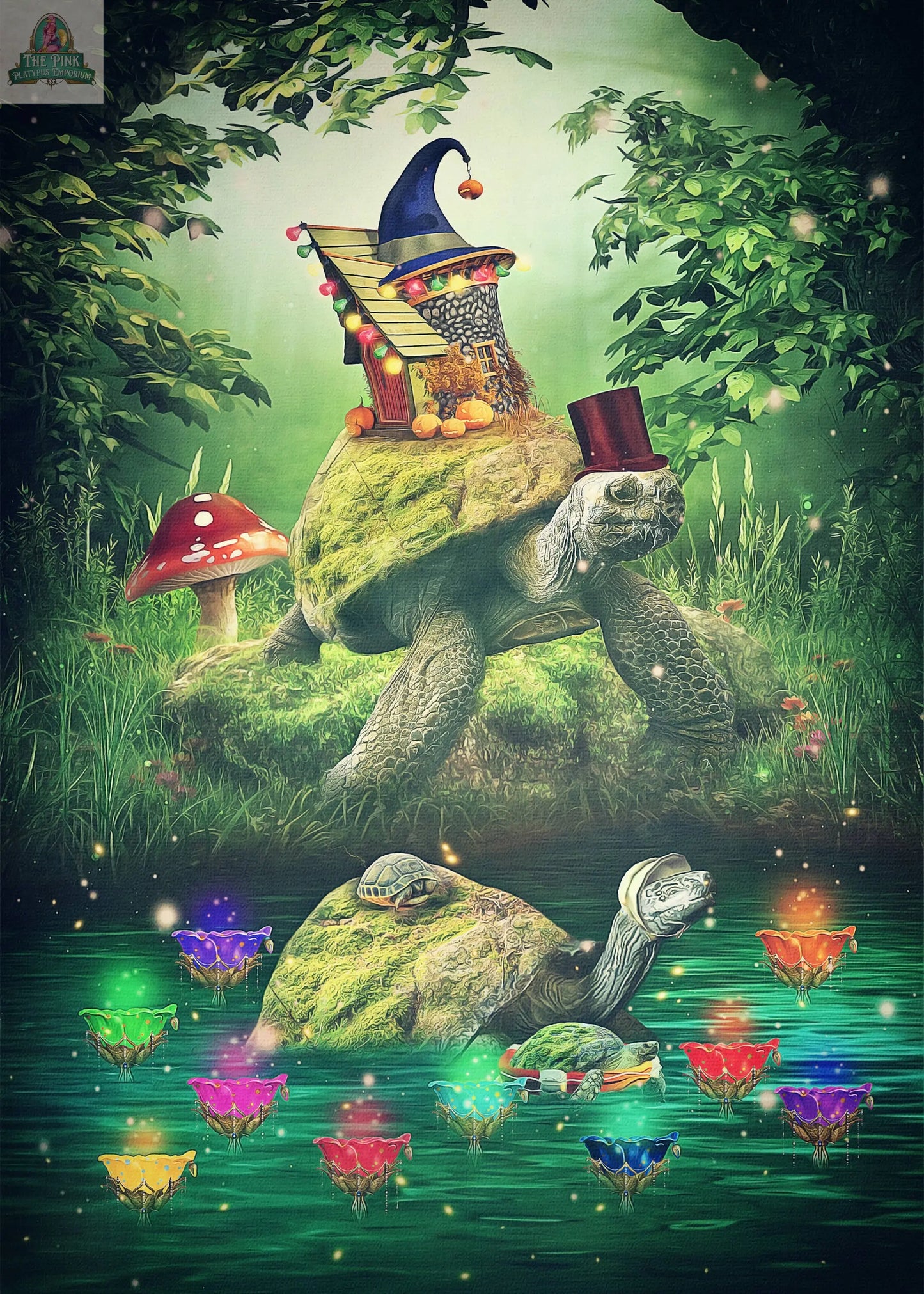 A whimsical scene from The Westwood Tarot by REDFeather: one turtle on land with a house and wizard hat, another in water with a top hat among glowing lotus flowers—a magical setting that inspires self-discovery.