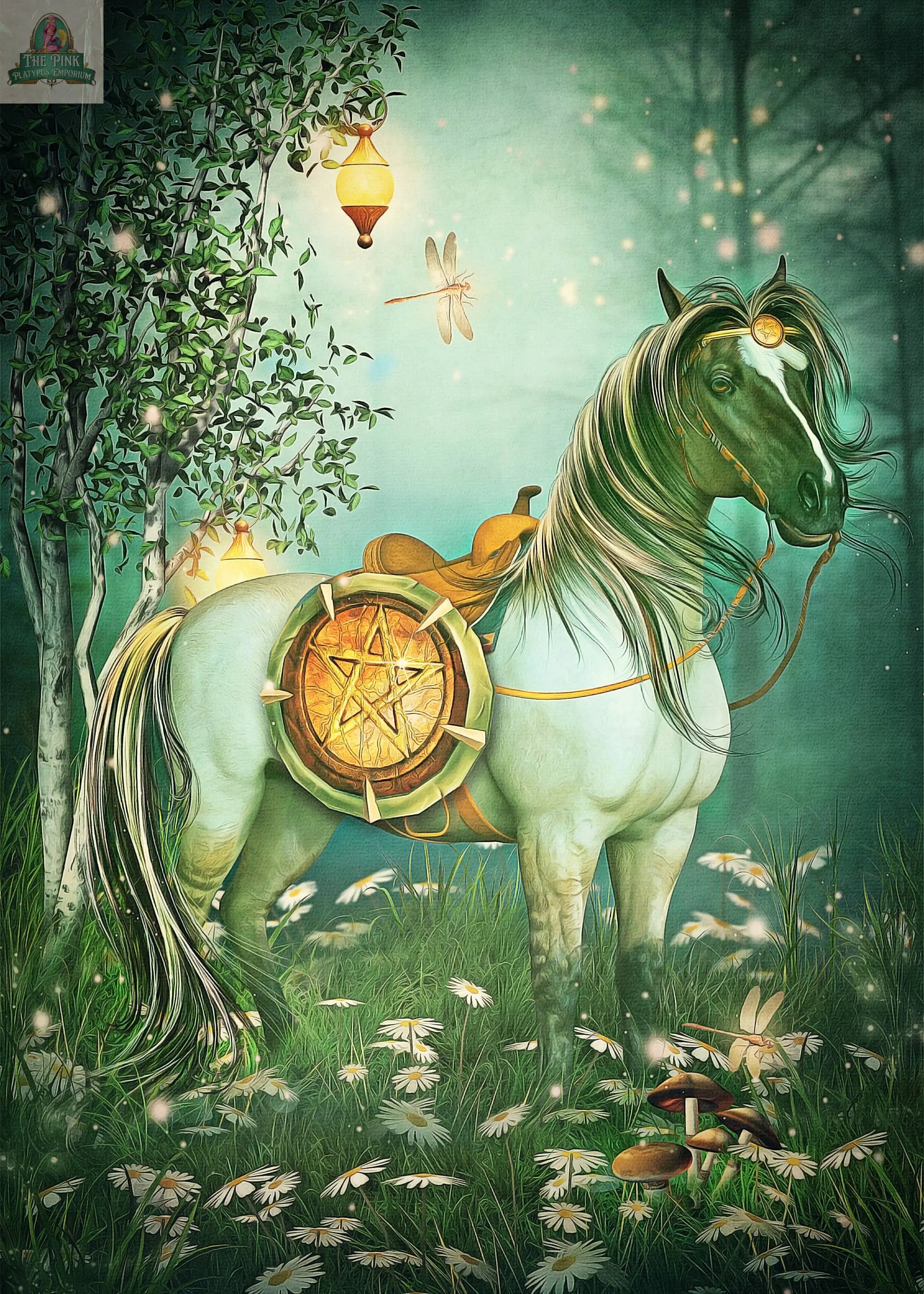 A mystical white horse with a golden sun-saddle stands among daisies and glowing lanterns, capturing the enchanting spirit of The Westwood Tarot by REDFeather and inviting you to a magical journey of self-discovery.