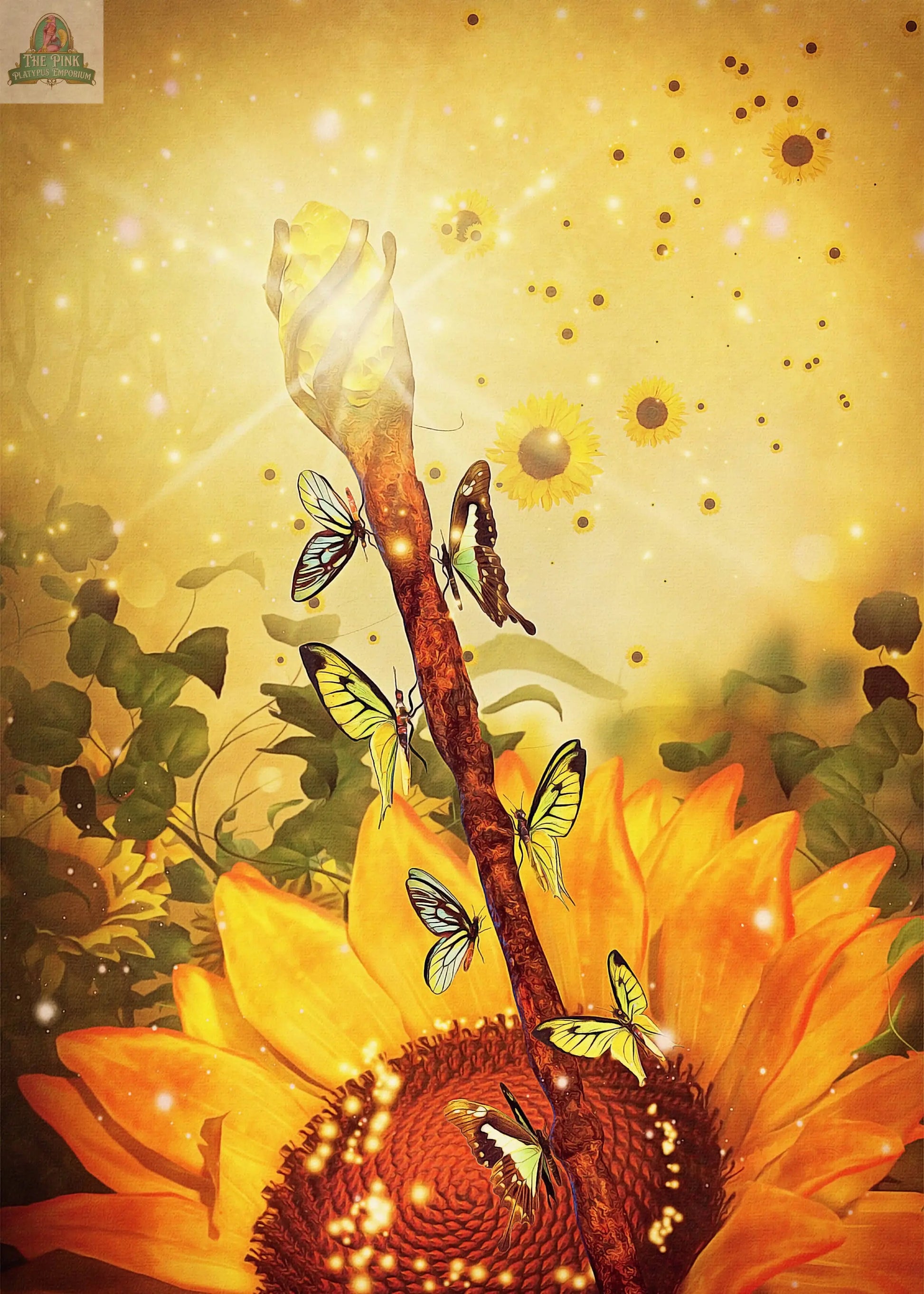 A luminous magical staff rises from a sunflower, surrounded by butterflies and sparkles—a scene inspired by The Westwood Tarot from REDFeather, perfect for illuminating your journey of self-discovery amid golden sunflowers.
