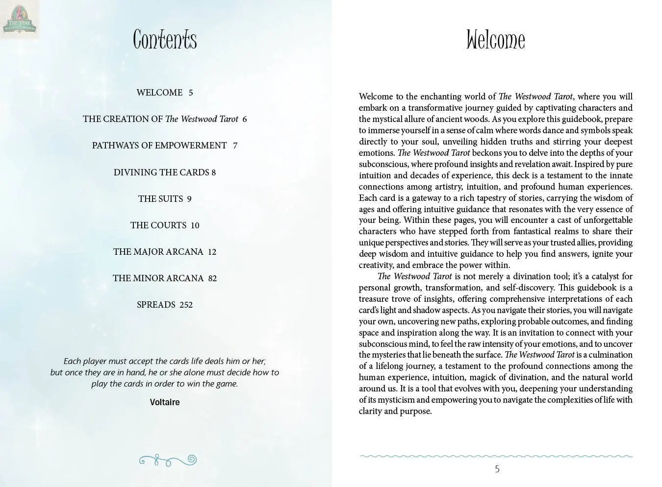 An open book shows The Westwood Tarot's table of contents on the left and an inviting introduction to REDFeather’s guidebook on the right, both with a decorative border and clear text designed to inspire self-discovery.
