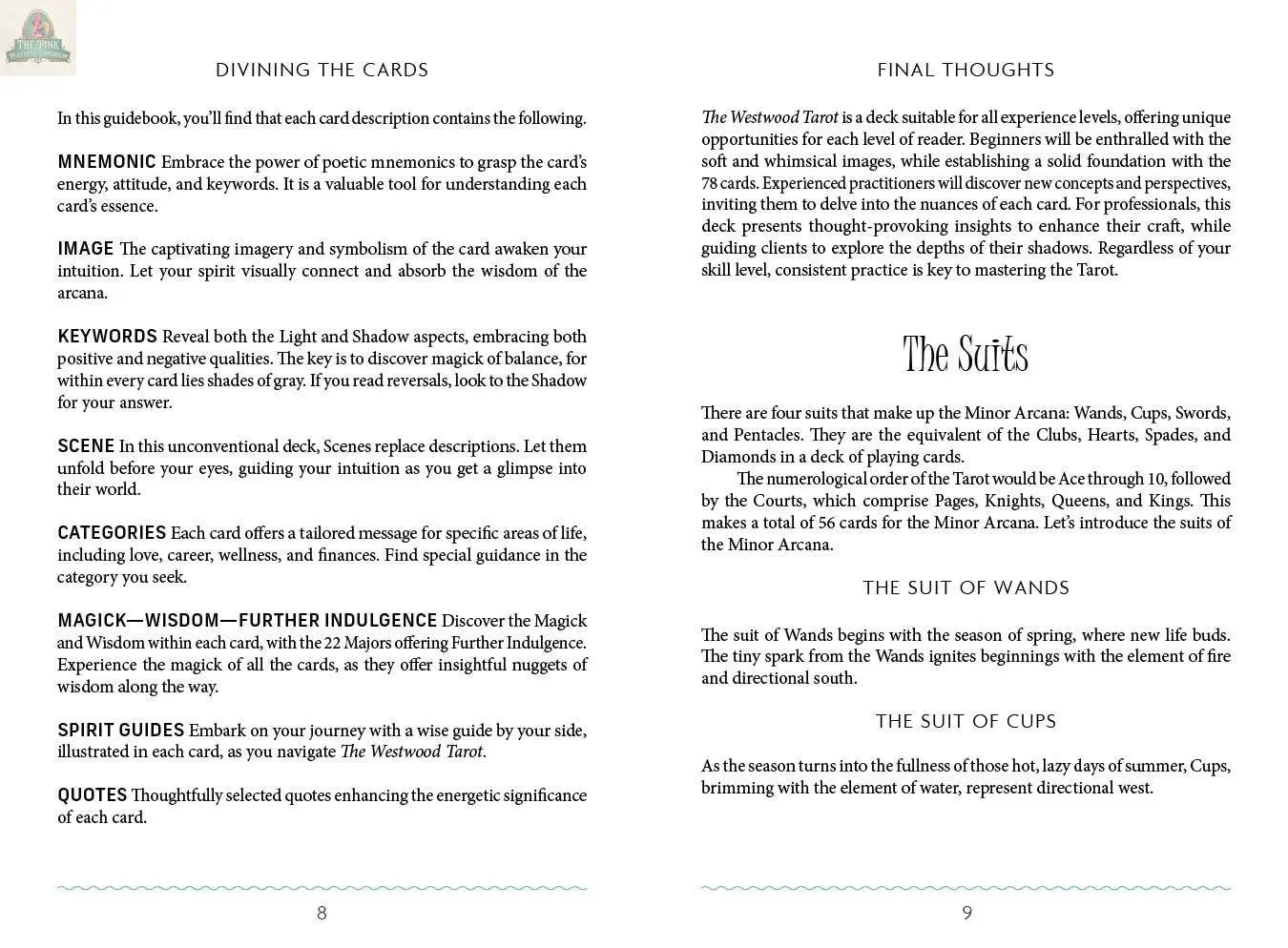 An open book, The Westwood Tarot by REDFeather, displays two pages with text on tarot reading—covering mnemonics, keywords, scenes, categories, wisdom, suit overviews for self-discovery, and final tips for mastering your deck.