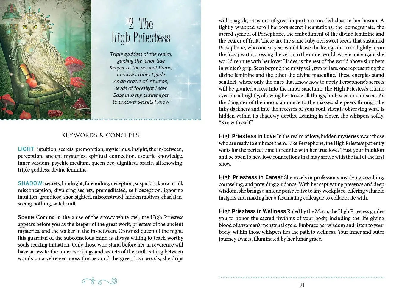 Discover an illustrated book page from The Westwood Tarot by REDFeather, exploring The High Priestess card with keywords, concepts, and images of a wise owl, moon, and forest—symbolizing myth and self-discovery.