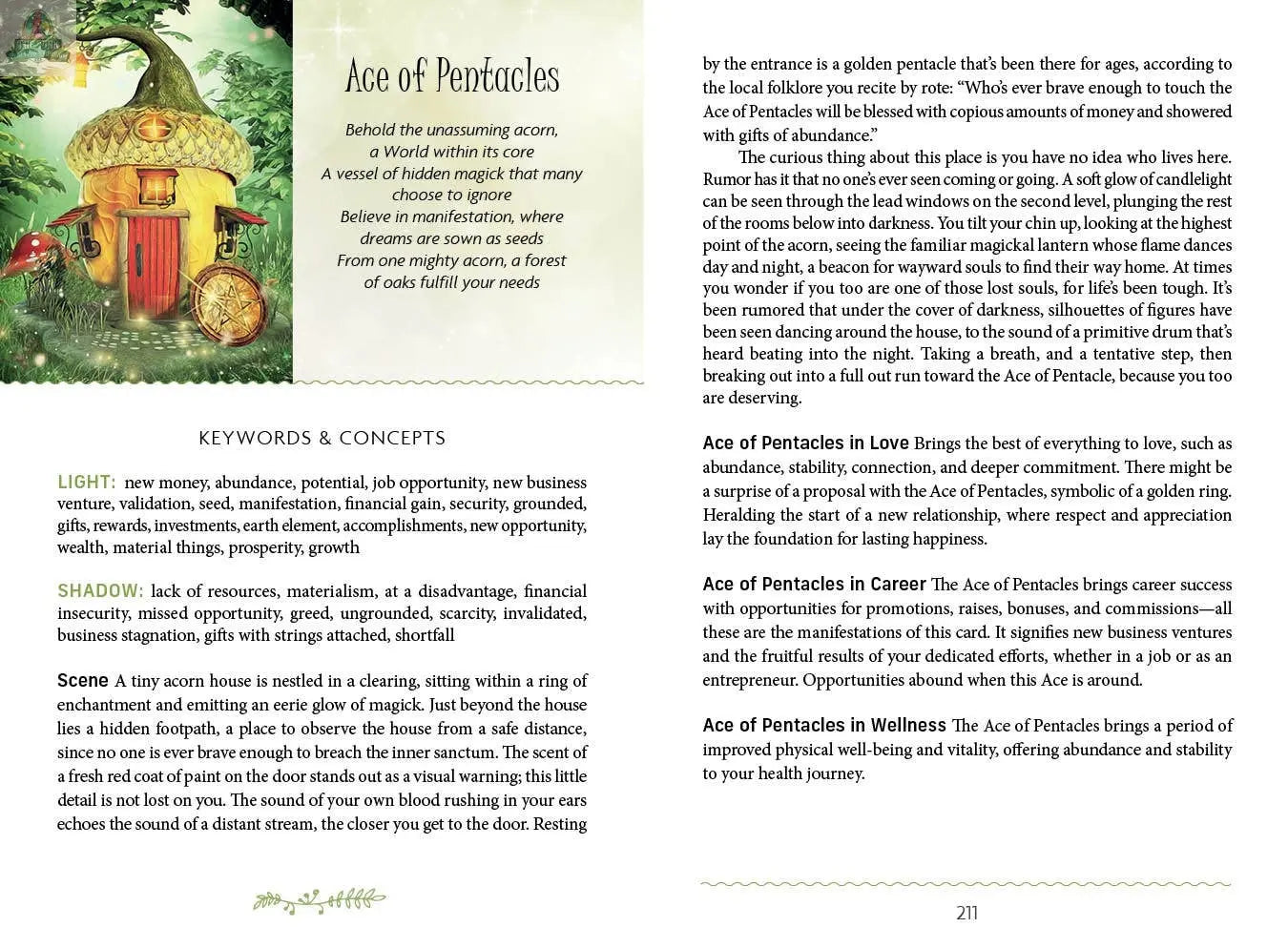 A tarot card description for the Ace of Pentacles from The Westwood Tarot by REDFeather features a hand in clouds holding a coin, detailing upright and reversed meanings and offering love, career, and wellness insights for self-discovery.