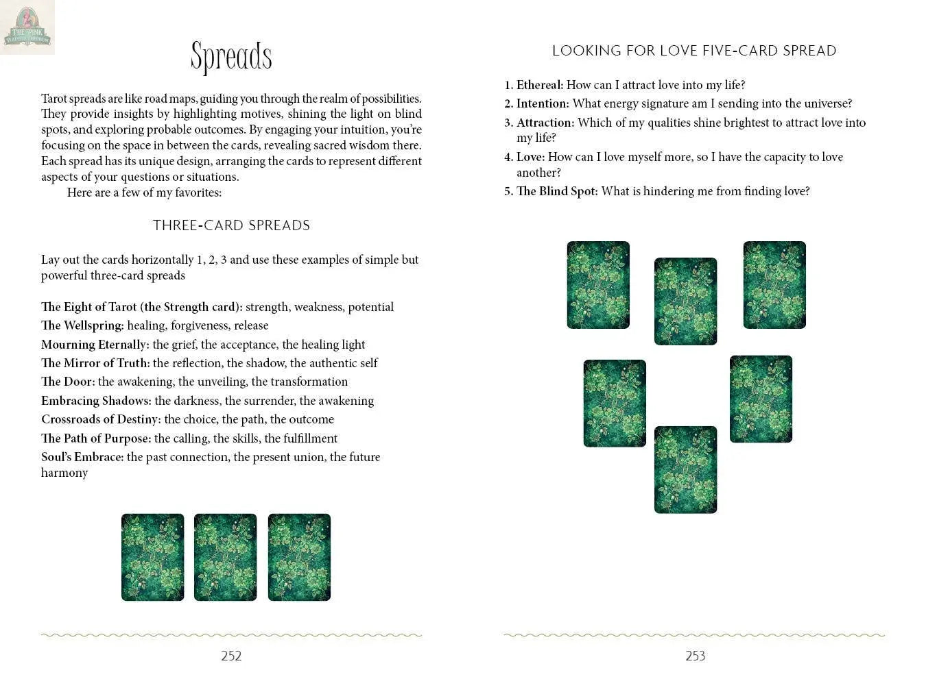 Two pages from The Westwood Tarot by REDFeather show tarot spreads: the left page illustrates six three-card self-discovery layouts, while the right displays a five-card love spread with card positions, questions, and an L-shaped arrangement.