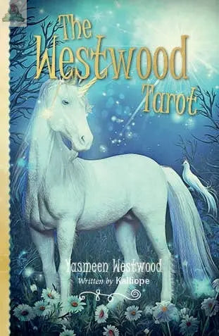 The Westwood Tarot by REDFeather features a mystical cover with a white unicorn and bird in a moonlit forest, symbolizing self-discovery. The author’s name, Yasmeen Westwood, appears beneath the title.