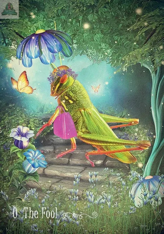 A whimsical grasshopper from The Westwood Tarot by REDFeather holds a purple umbrella and pink bag on stone steps among flowers and butterflies. "0 The Fool" appears below, symbolizing self-discovery in this magical tarot deck.