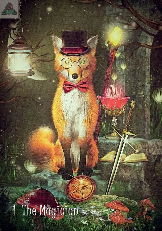 A fox in a top hat, glasses, and red bow tie sits on a glowing pentacle amid tarot symbols. This mystical scene from The Westwood Tarot by REDFeather embodies self-discovery, with "The Magician" inscribed below.