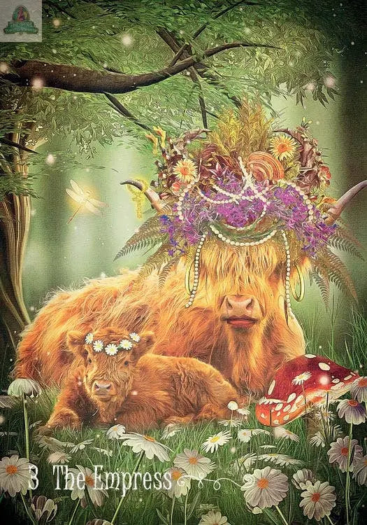 An enchanting card from The Westwood Tarot by REDFeather depicts two Highland cows in a forest—one with a flower crown, the other with a floral wreath—surrounded by daisies, a red mushroom, and fireflies on “3 The Empress.”.
