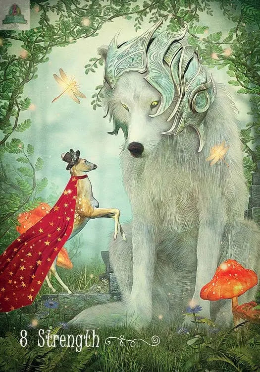 A large wolf in an ornate headdress and a deer in a red starry cape meet amid glowing dragonflies and mushrooms in this "8 Strength" scene from The Westwood Tarot by REDFeather, inviting self-discovery within a magical forest.
