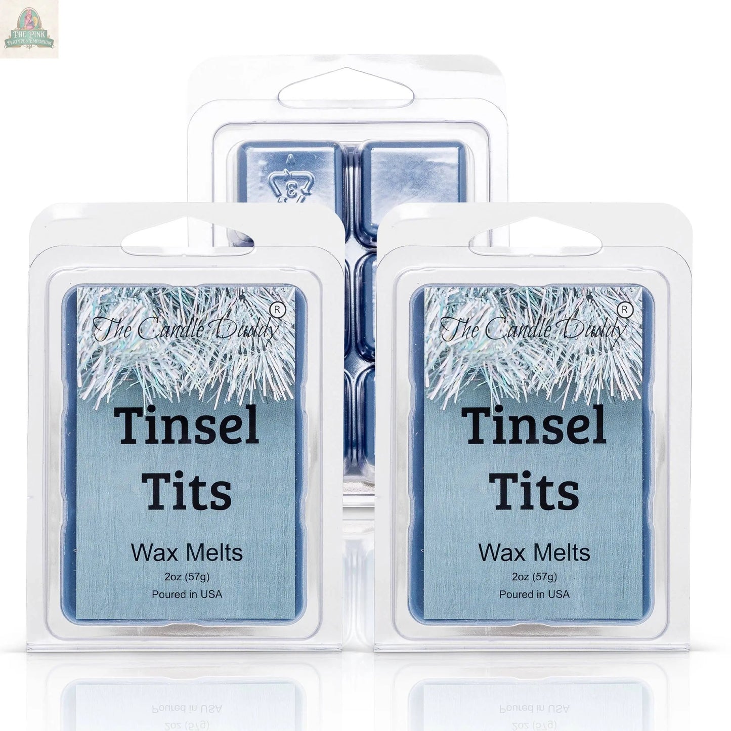 A pack of Tinsel Tits - Mountain Top Tease Scented Melt (Maximum Scent) wax melts is shown in clear plastic packaging with a silver tinsel label, arranged against a white background.