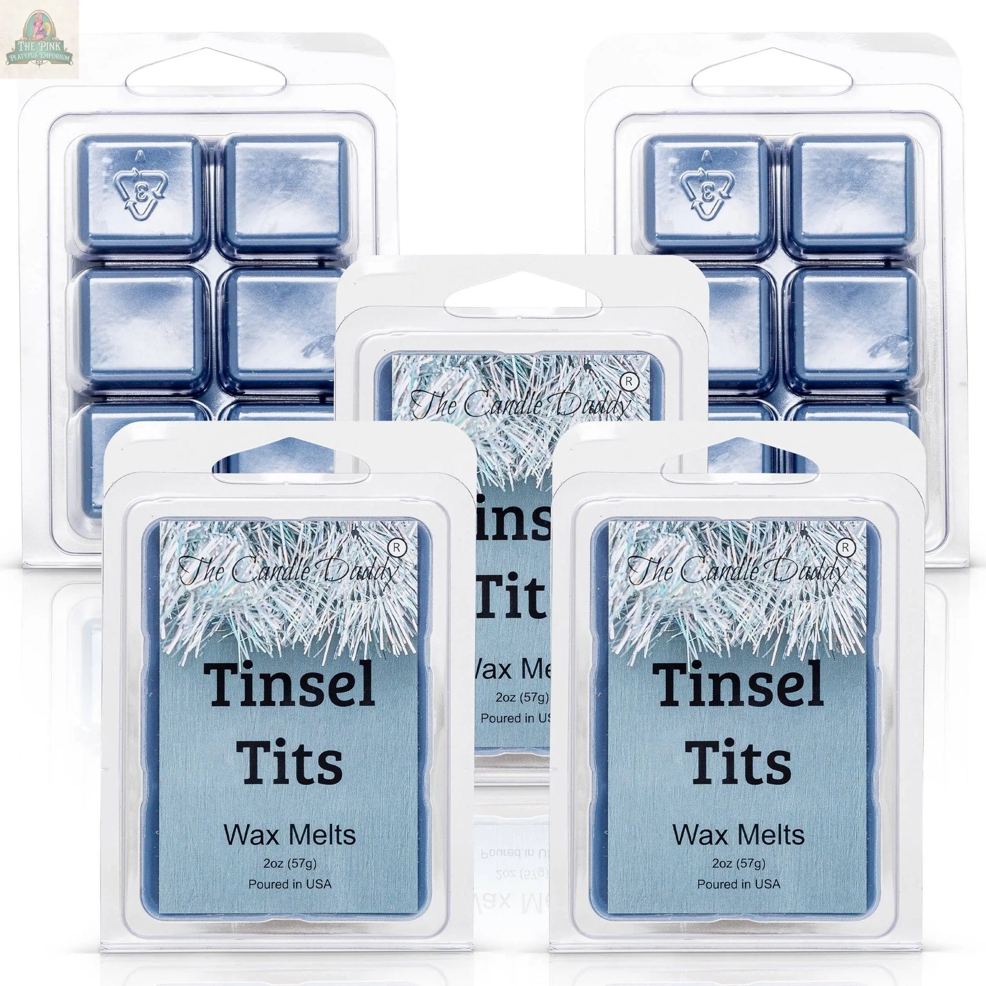 Five packs of Tinsel Tits - Mountain Top Tease Scented Melt (Maximum Scent, 1 Pack each) are arranged together. The metallic blue wax cubes offer a dazzling aroma, with silver tinsel design on the packaging—perfect for strong scent lovers.