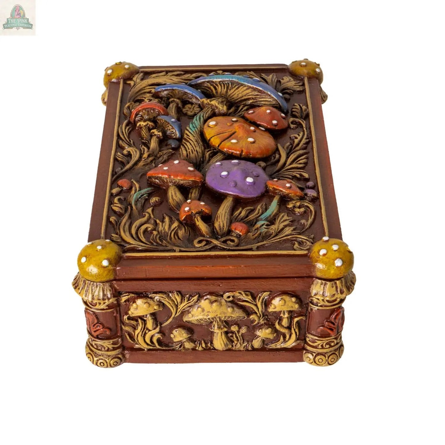 The Toadstool Mushroom Tarot Box is a decorative wooden box with colorful, raised mushrooms and swirling patterns on the lid, plus detailed mushroom carvings on the sides—ideal for Tarot collectors or spiritual practitioners seeking a whimsical touch.