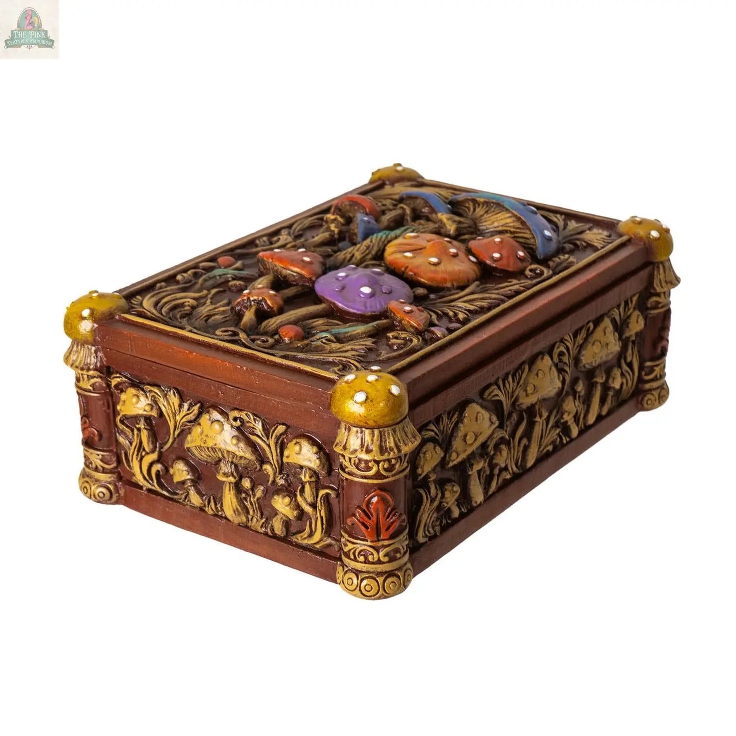 The Toadstool Mushroom Tarot Box is a decorative rectangular resin box with intricate carvings and colorful mushroom designs, ideal for enchanting tarot deck storage or as a mystical resin tarot box.