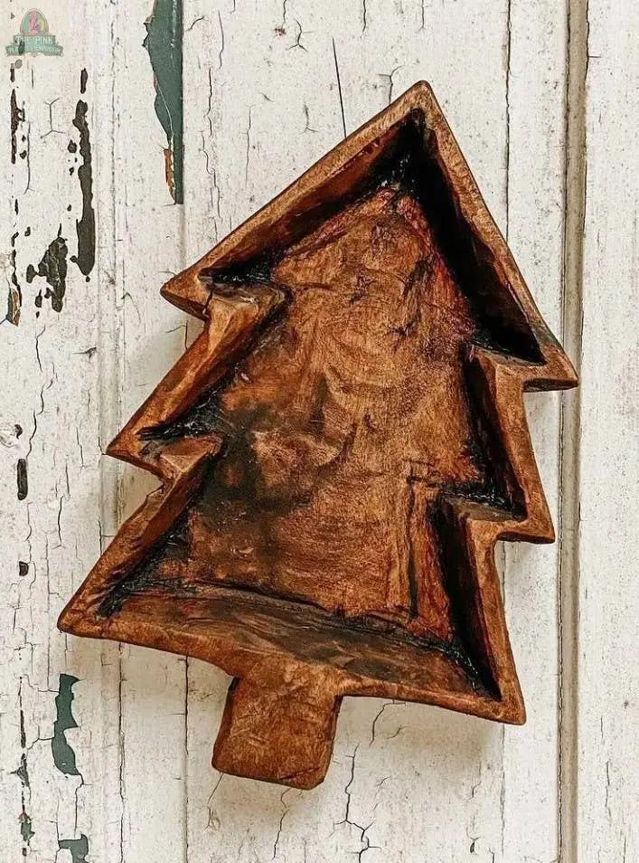 The Tree Dough Bowl, Handmade, #A, features a rustic Christmas tree shape and is displayed on a distressed white wooden surface with peeling paint.
