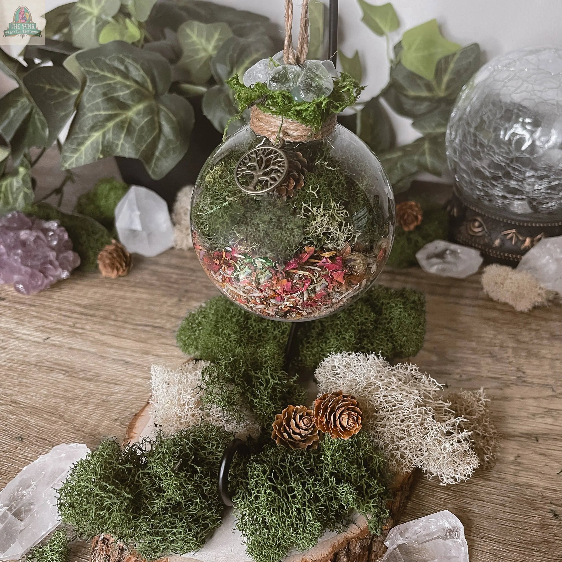 Tree Of Life Witch Ball, Witchy Decor, Cottagecore: Ball w/ Stand Moondust and Raven
