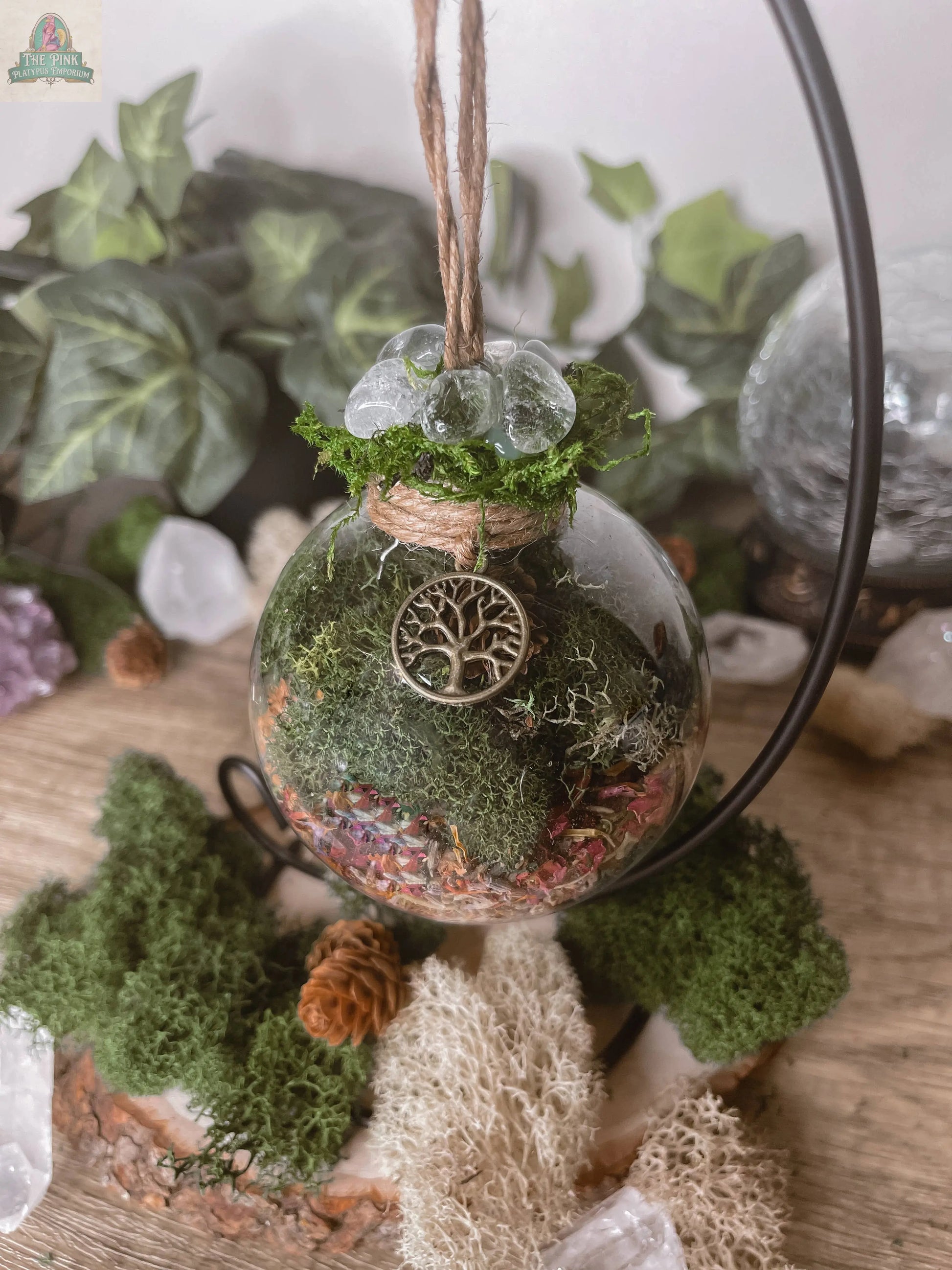 Tree Of Life Witch Ball, Witchy Decor, Cottagecore: Ball w/ Stand Moondust and Raven