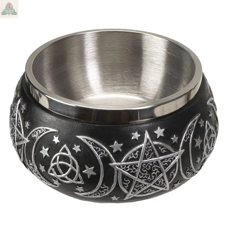 The Triple Moon Resin Smudge Ritual Offering Bowl features black and silver tones with engraved stars, crescent moons, pentagrams, and a triquetra, showcasing intricate detailing around its exterior.