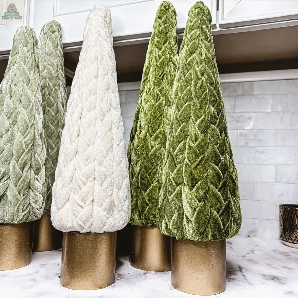 The Velvet Christmas Tree set features four decorative trees with braided green and cream fabric on gold bases—charming holiday accents perfect for mantel décor.