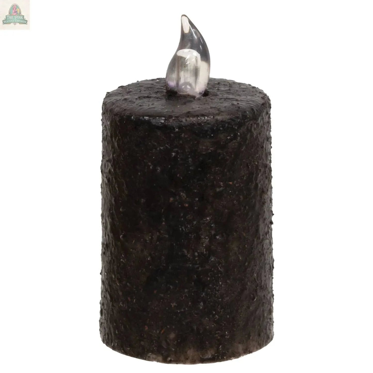 The Warm Glow Textured Black Flicker Flame Timer Pillar, 3", is a flameless LED candle with a realistic flicker flame, standing tall against a white background for effortless ambiance.