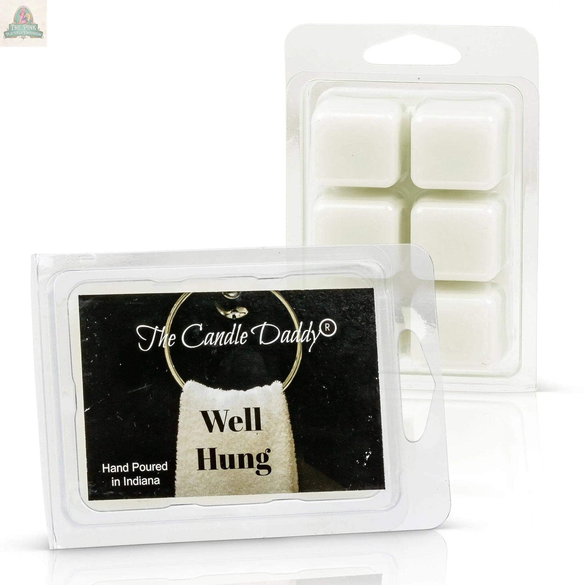 A pack of Well Hung - Fresh Linen Scented Wax Melts by The Candle Daddy® is shown, featuring a towel on the label and containing four hand-poured wax cubes, perfect for use in your wax warmer.