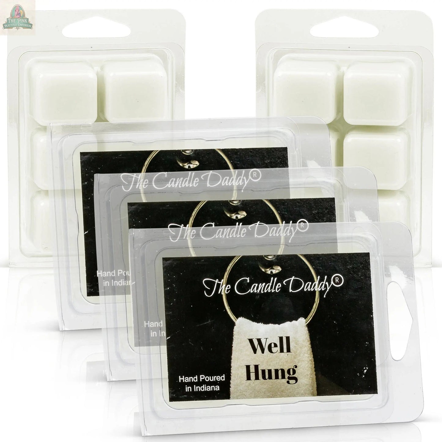 Three packs of Well Hung - Fresh Linen Scented Wax Melts are stacked in front of two unopened packs. Each hand-poured white wax melt pack features a towel on a hook and is perfect for your favorite oil warmer.