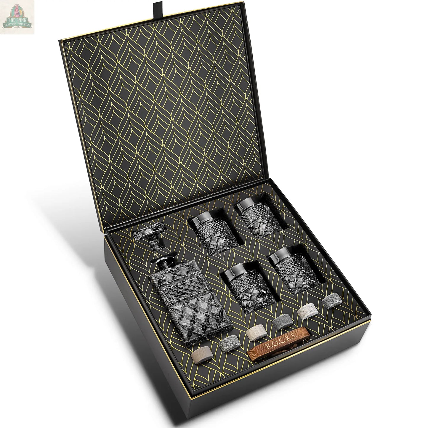 Whiskey Decanter With Glasses & Chilling Stones Gift Set ROCKS Whiskey Chilling Stones
