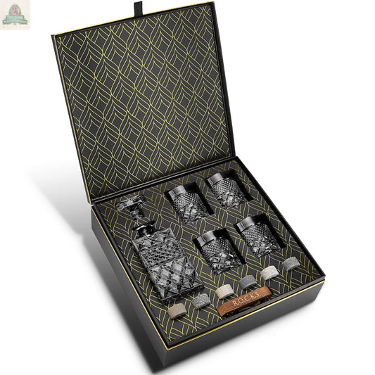 Whiskey Decanter With Glasses & Chilling Stones Gift Set ROCKS Whiskey Chilling Stones