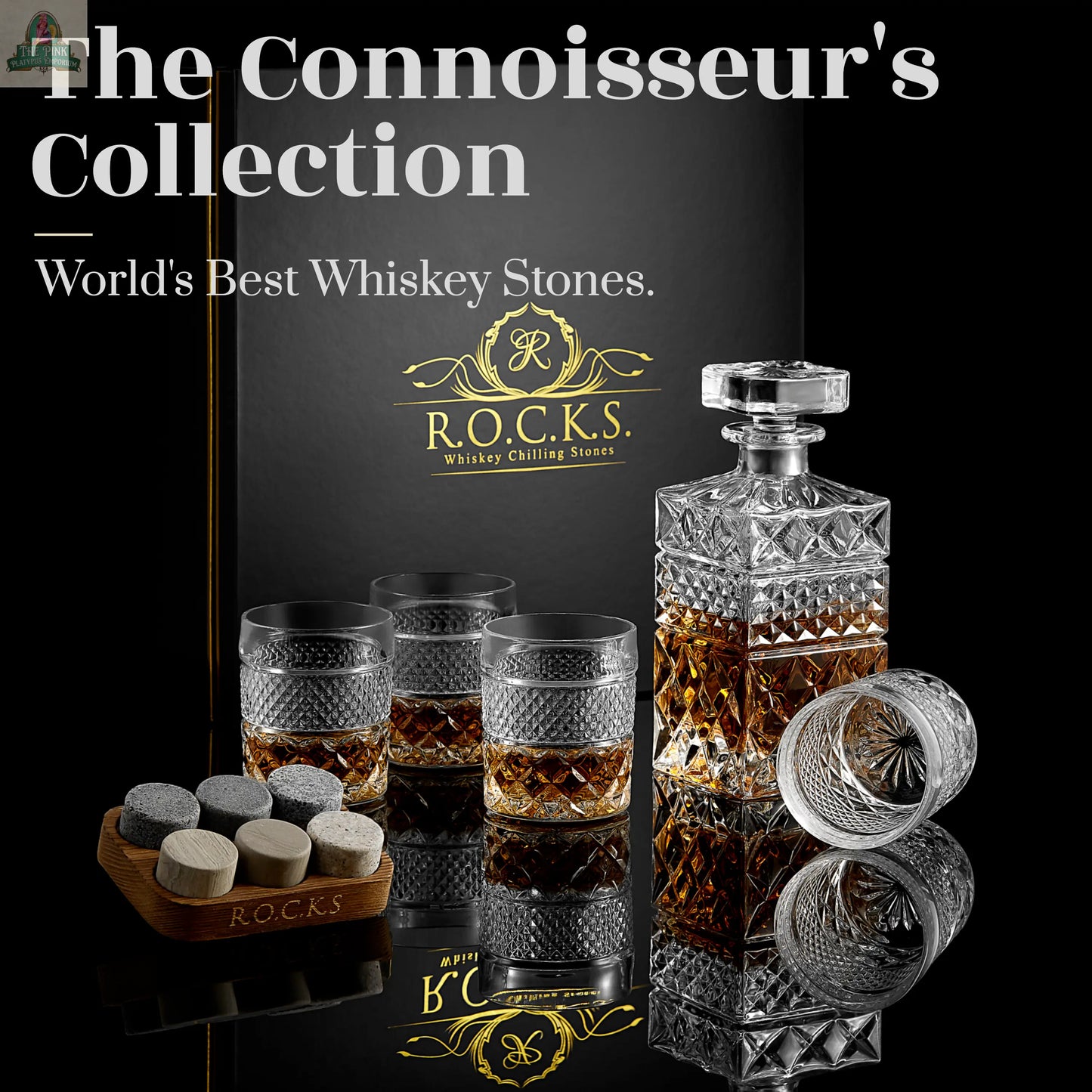 Whiskey Decanter With Glasses & Chilling Stones Gift Set ROCKS Whiskey Chilling Stones
