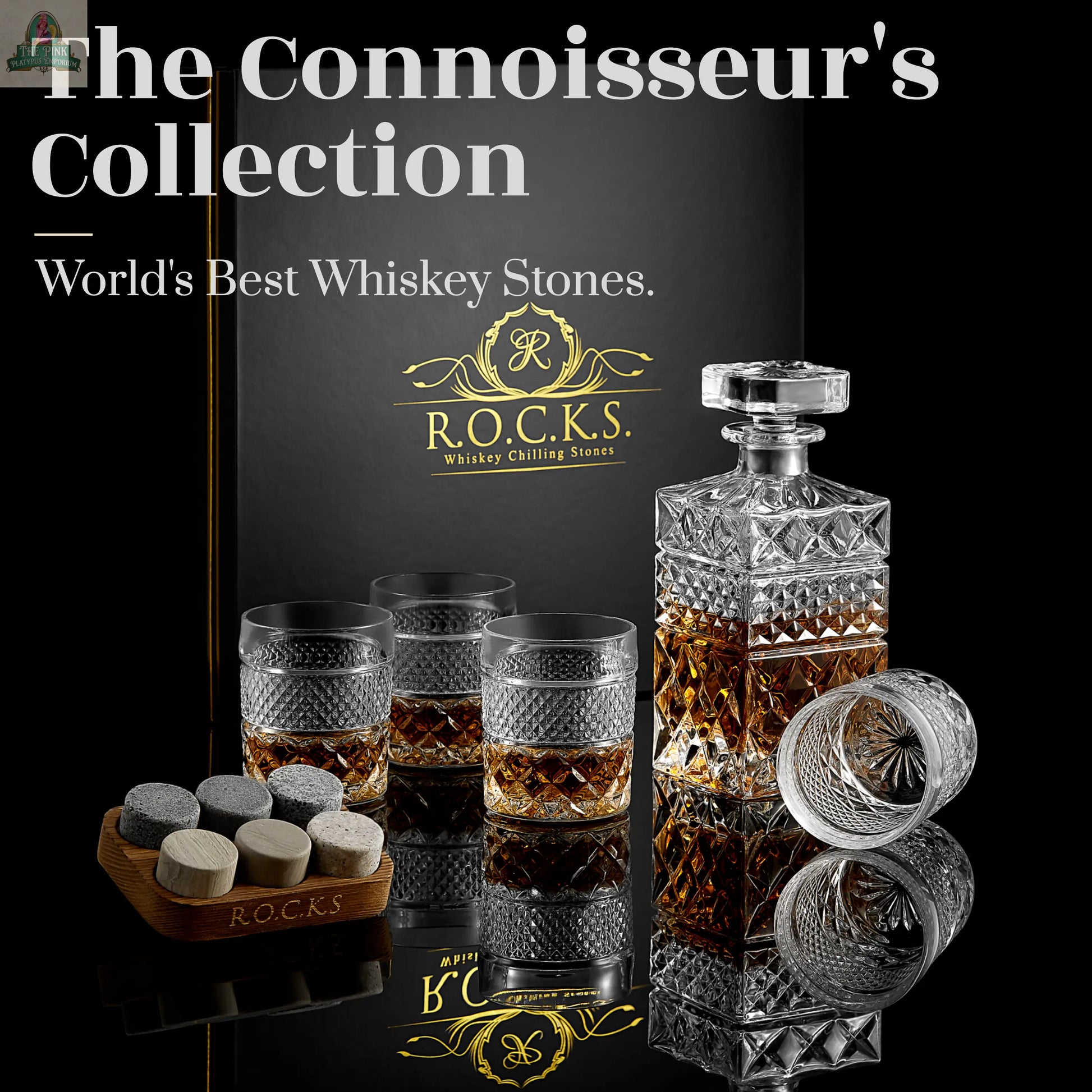 Whiskey Decanter With Glasses & Chilling Stones Gift Set ROCKS Whiskey Chilling Stones