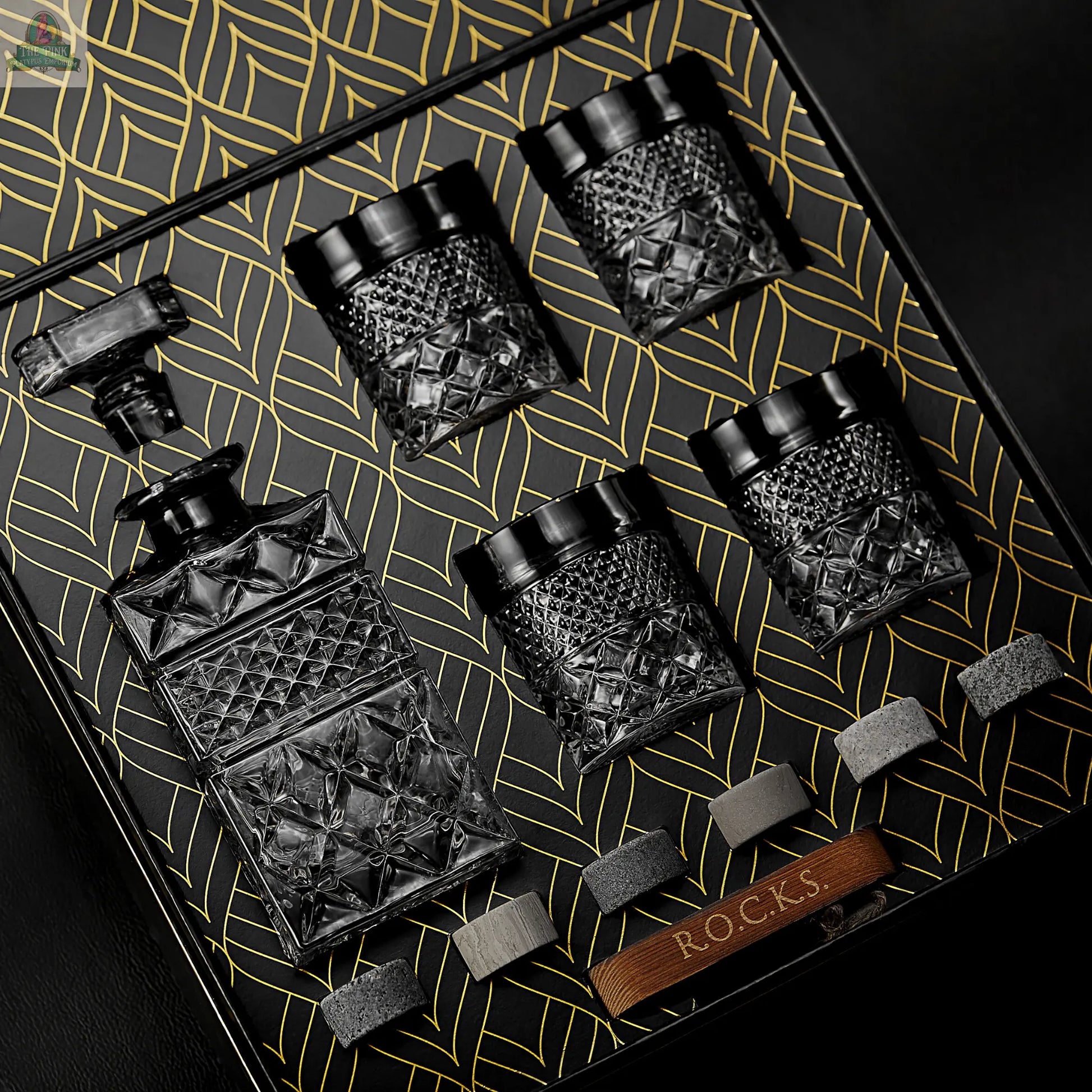 Whiskey Decanter With Glasses & Chilling Stones Gift Set ROCKS Whiskey Chilling Stones