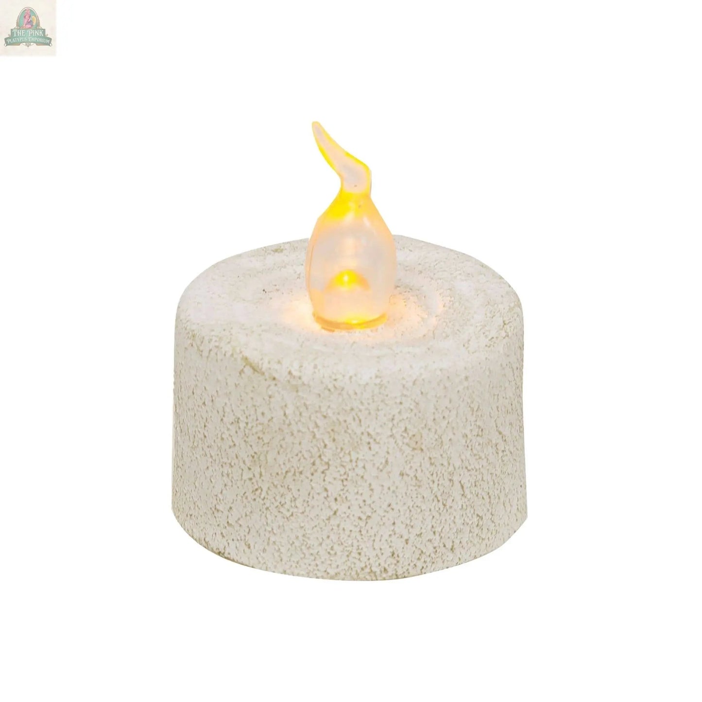 The White Cement Timer Votive is a small, round, white battery-operated candle with a textured surface, yellow flame-shaped light, and timer feature for easy use.