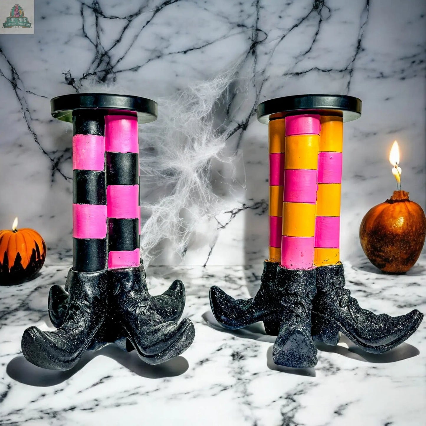 Add a whimsical touch to your Halloween decor with the Wicked Witch Candle Holder. Featuring curled black shoes and bold stripes, it makes a charming centerpiece among cobwebs, pumpkins, and a flickering candle.