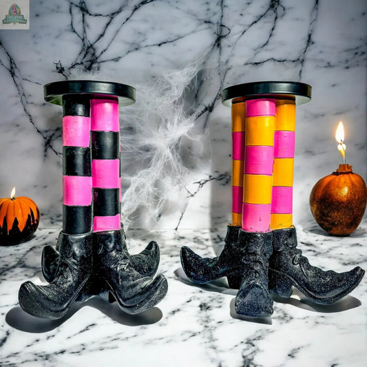 Add a whimsical touch to your Halloween decor with the Wicked Witch Candle Holder. Featuring curled black shoes and bold stripes, it makes a charming centerpiece among cobwebs, pumpkins, and a flickering candle.