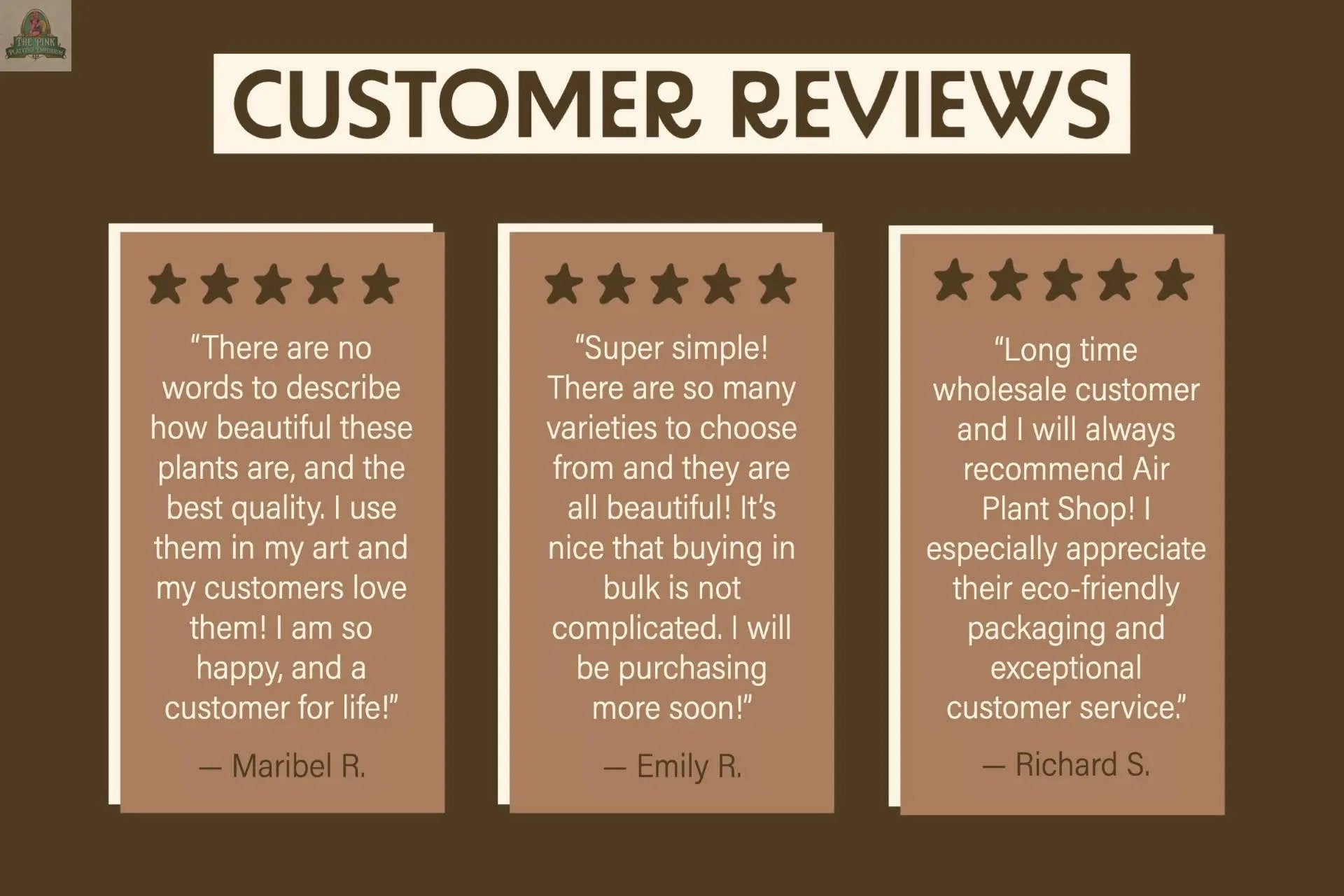 A brown graphic titled Customer Reviews shows three five-star testimonials for Wine Cork Magnets with Tillandsia Ionantha Air Plants, highlighting plant quality, eco packaging, unique gifts, and service from Maribel R., Emily R., and Richard S.