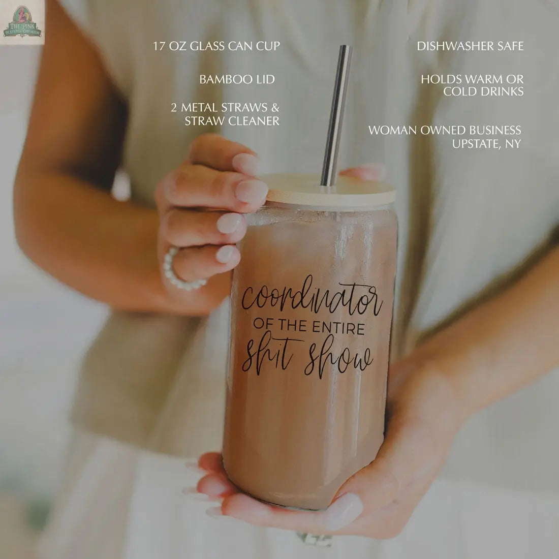 A person holds the Witch Please 17oz glass cup of iced coffee with a bamboo lid and stainless steel straw. "Witch Please" is printed on the cup, and product features are highlighted around this fun, functional gift.