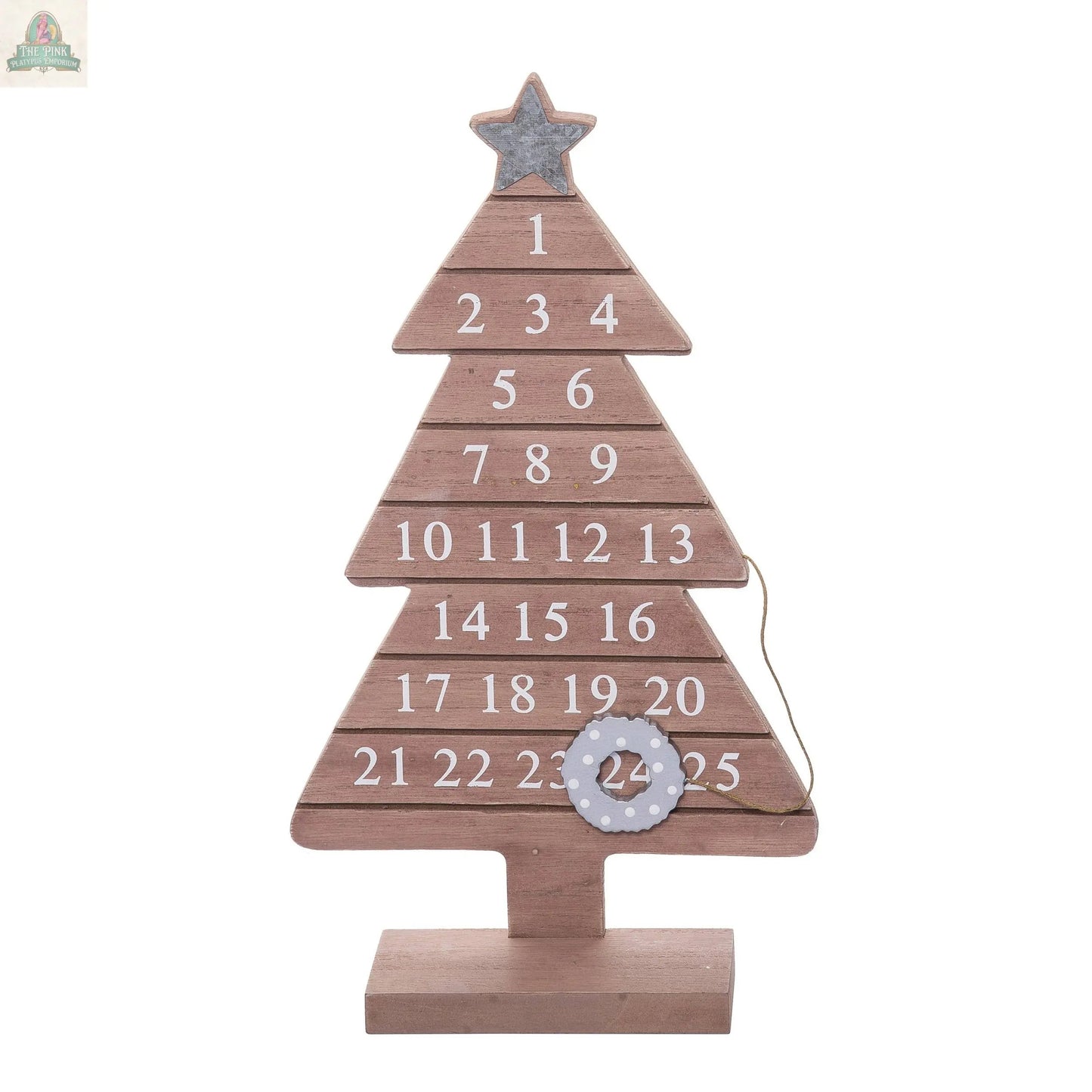 The Wood 13.5" Brown Christmas Countdown Calendar Tree DS features numbers 1-25 in white, a silver star topper, and a small ring on 24, creating a festive Christmas countdown calendar and charming holiday home decor.