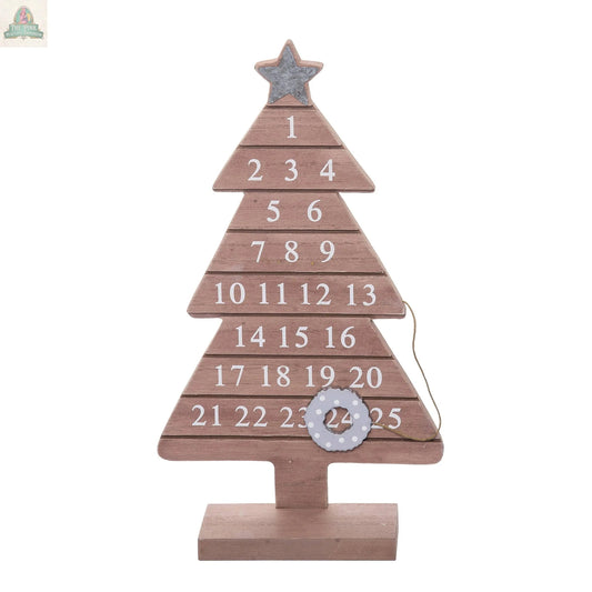 The Wood 13.5" Brown Christmas Countdown Calendar Tree DS features numbers 1-25 in white, a silver star topper, and a small ring on 24, creating a festive Christmas countdown calendar and charming holiday home decor.