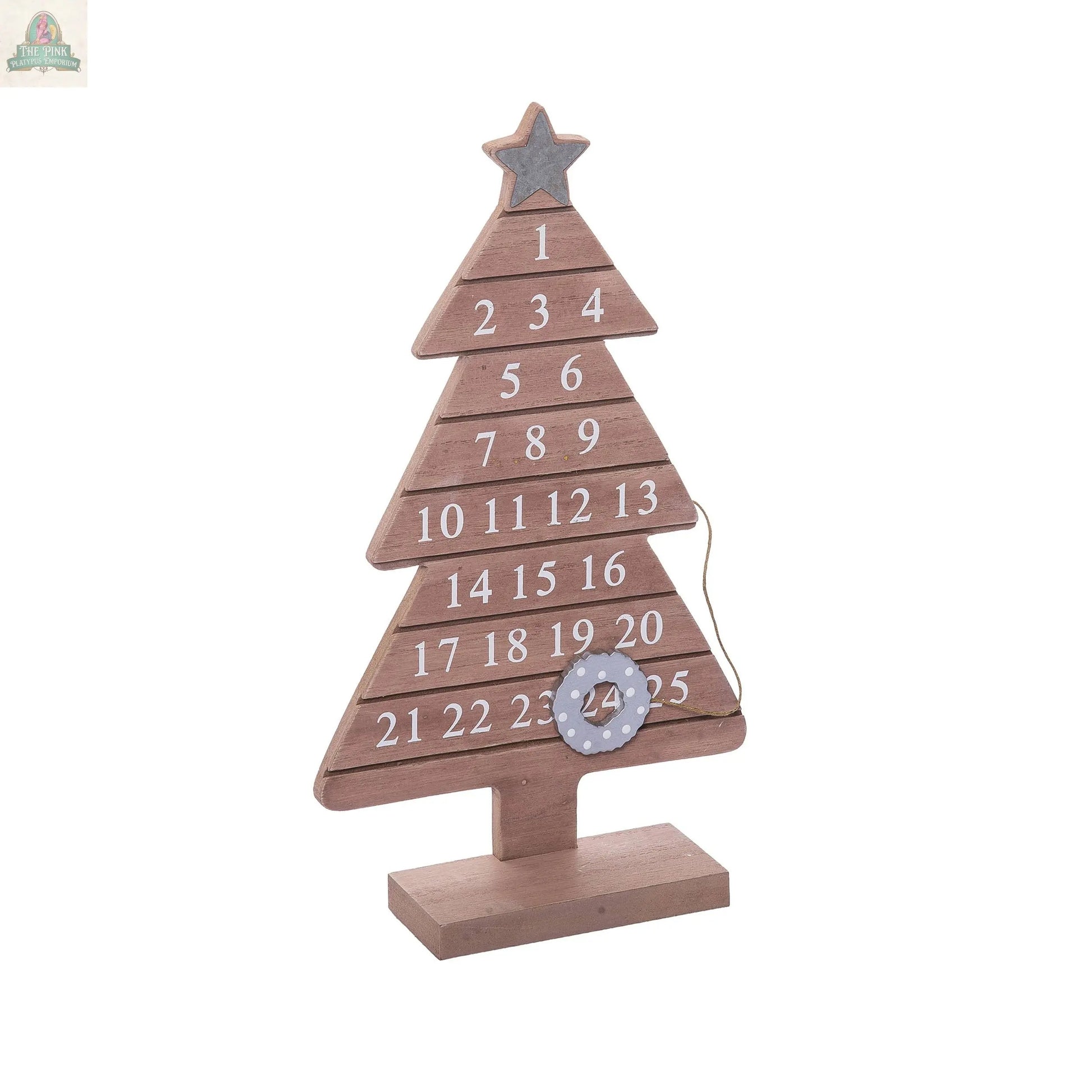 The Wood 13.5" Brown Christmas Countdown Calendar Tree DS features white numbers 1-24 and a circular marker on day 24. Standing upright on a wooden base, it’s the perfect festive decor for your holiday season.