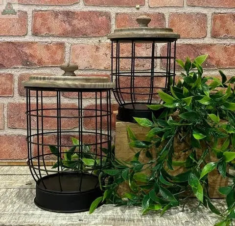 The Wood Lid Black Wire Canisters (Set of 2) are displayed on a rustic wooden surface with green vines, making them perfect as stylish kitchen storage jars or unique décor accents.