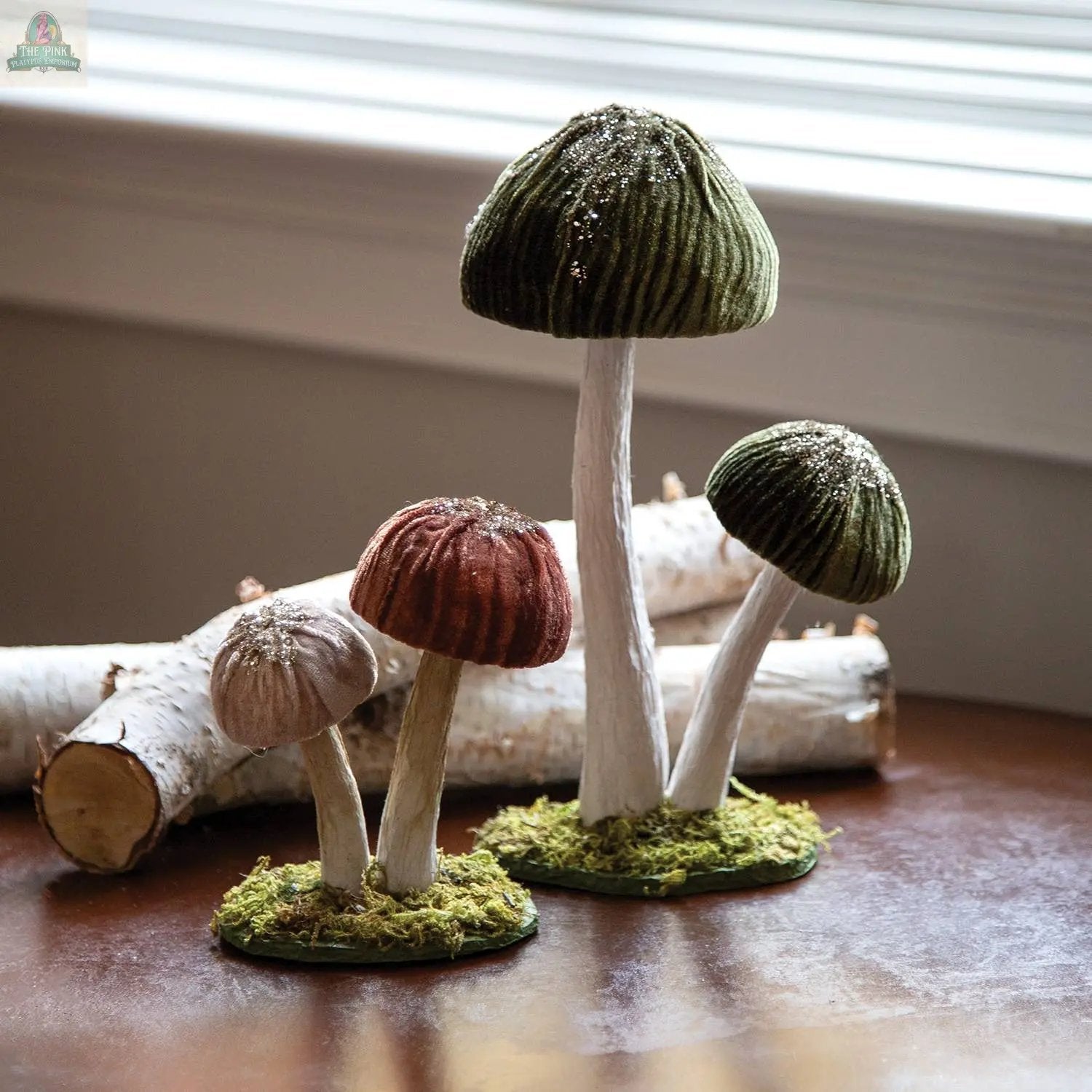 The Woodland Brown Mushrooms Sitter - Small features a group of decorative mushrooms with velvet texture on mossy bases, perfect for adding woodland charm to your home decor or creating a cozy winter forest display.