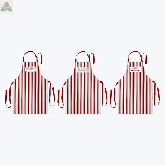 Three Young's Woven Holiday Baking Christmas Apron Assortment aprons, with red and white vertical stripes, red straps, and a chest label, are shown side by side on a plain white background.