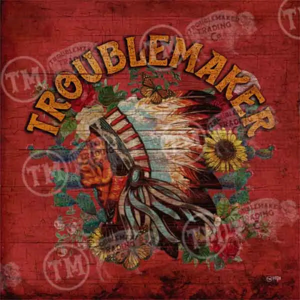 Decorative design with 'Troublemaker' text, feathers, and flowers on a red background.