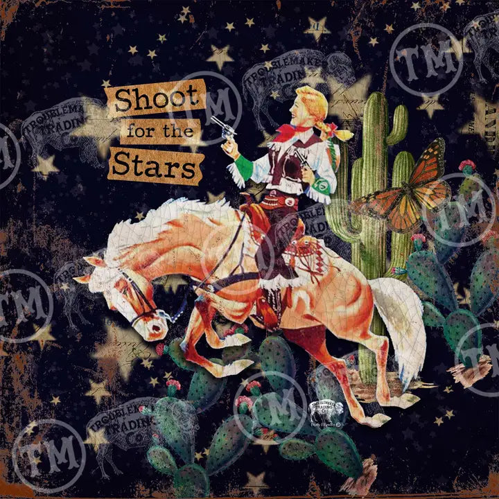 farmhouse wall decor featuring a cowgirl on horseback with cacti and stars, featuring text 'Shoot for the Stars'.