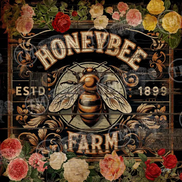 Decorative sign with honeybee and floral elements on a dark background
