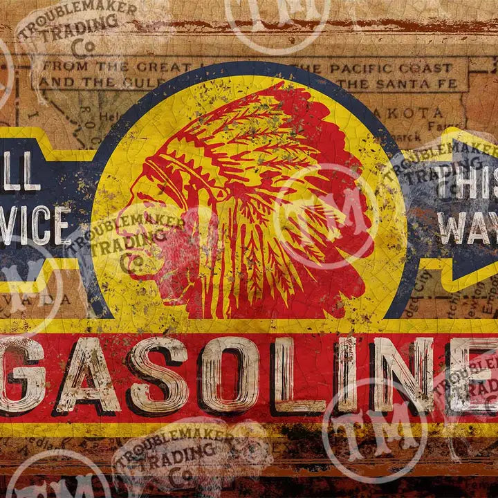 Vintage-style western wall art gasoline sign with Native American headdress design and text.
